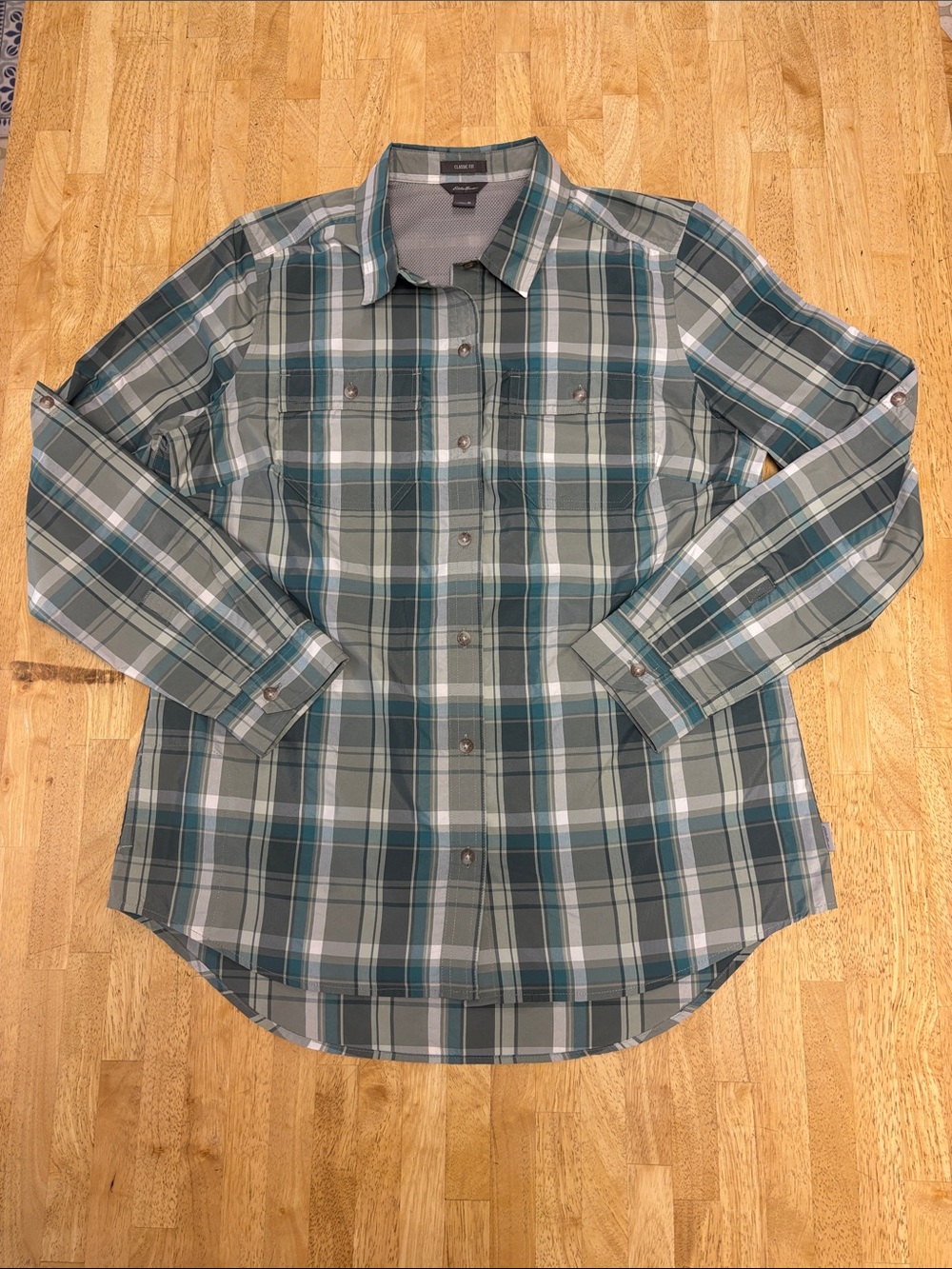 EUC Eddie Bauer Classic Fit Plaid Hiking Outdoor Tech Trail Shirt Roll Tab M